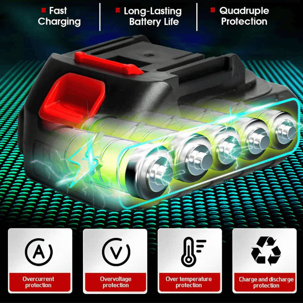 The upgraded battery of the iToolMax Cordless Chainsaw offers extended runtime and enhanced power for prolonged cutting sessions. 21V, 1300mAh, charged 2-3h, used 1-2h each time. Replacing two batteries allows you to complete your gardening work more efficiently and quickly without getting tired at all.