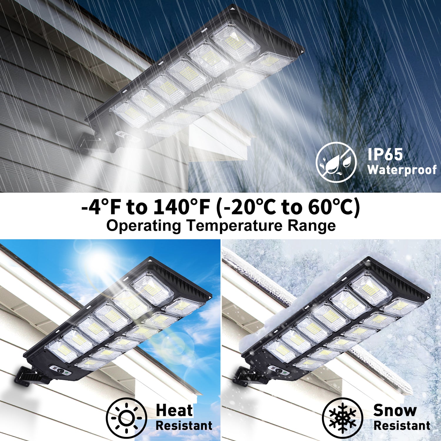 This solar outdoor light works well even in bad weather all year round, due to IP65 waterproof grade, rainproof, lightning protection and dustproof, remote controller and outer sealed rubber ring. The work temperature range of this light: -4℉-140℉(-20℃-60℃).
