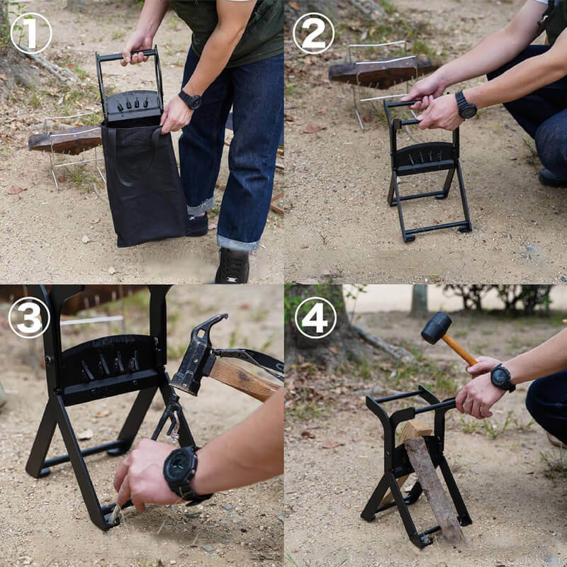 Just open it, put the wood on it, and then knock it down with a tool or hammer, easy to use. And with boltholes at the four corners of the base, which can be fixed with screws. We also offer an option includes a 3.8 lbs lightweight hammer, make your wood splitting more convenient. It's such a rare assistant for log splitting!