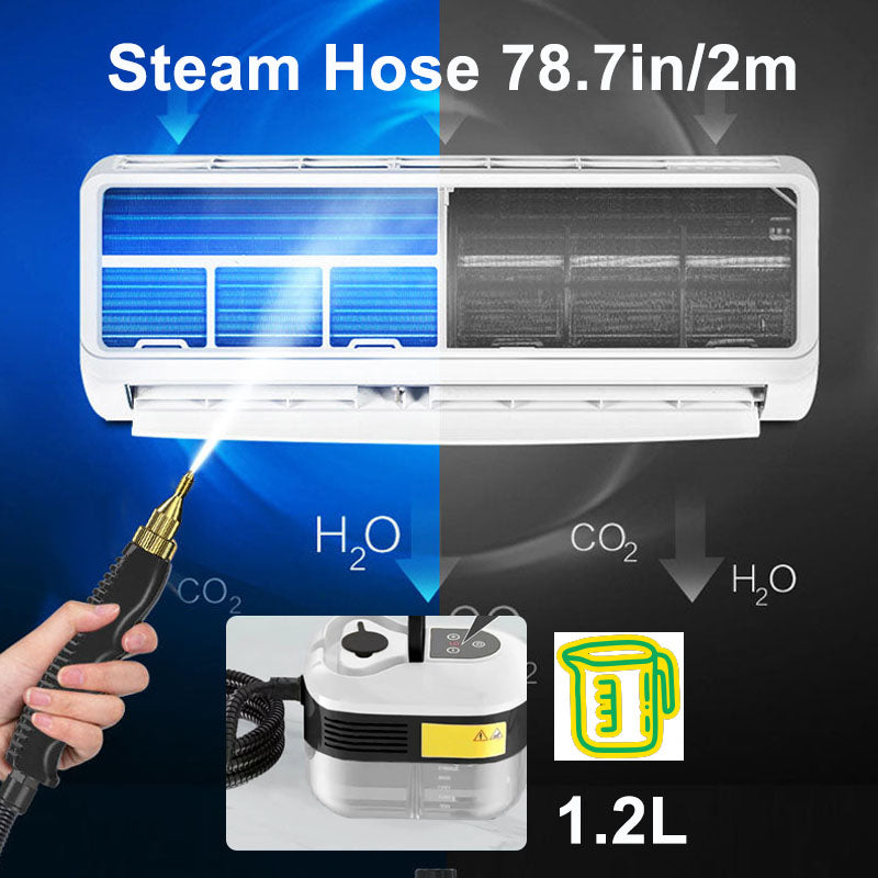 The 2m/78.7in long, flexible hose + 1.5m/59in cord allows you to easily reach every corner, easily reach to your air conditioner to clean, while the generous water tank ensures extended cleaning sessions without frequent water refills.