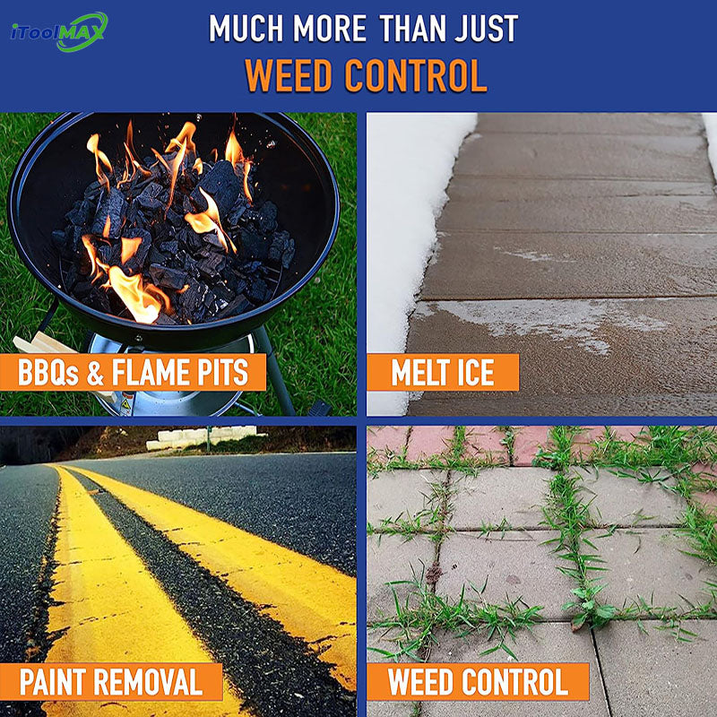 In addition to efficiently remove weeds from road cracks, paving stones, driveways, or stone curbs. It can also be used to ignite barbecues, remove road paint, and work as a hot air machine to melt ice and snow and so on.