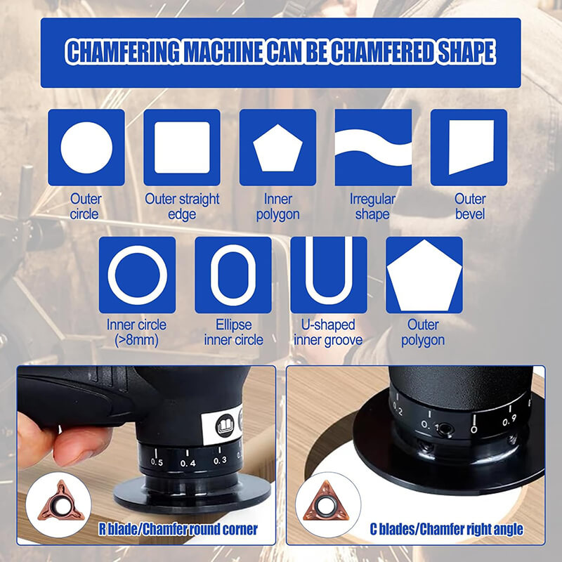 C blades for 0-1.5mm 45° angle chamfering and R blades for 1.5mm round-edge chamfering, versatile for chamfering various angles such as straight edge, inner/outer circle and polygon, U-shaped inner groove, ellipse circle, external bevel and other irregular shapes.