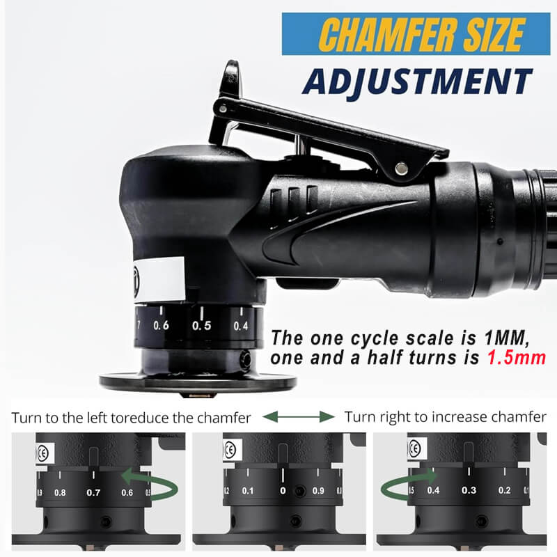 Adjust precision at your control with optional chamfer sizes from 0 to 1.5mm. Just loosen the screw, rotate to select the suitable size. Pneumatic laminate trimmer adopts the thinnest nut lock bearing, can chamfer in the narrowest and shallowest space.