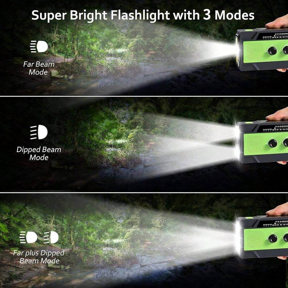 There are 3 super bright flashlight lighting modes for you to choose from, providing you enough guidance outdoors, which farthest lighting range exceeds 10m/32ft, farther than the most other solar emergency radio. So you don't have to panic even in the dark or in the wild.