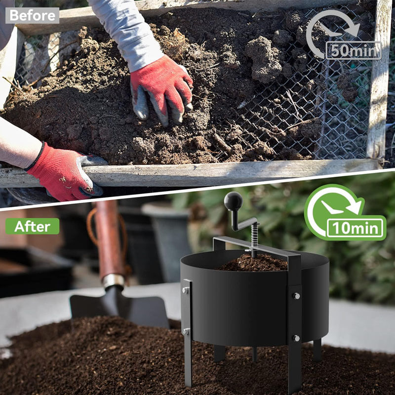 Still spending hours sifting through soil manually?This innovative tool can be used as sand/soil/dirt/rock/compost sifter, much 5X faster than manual sifting, help you to remove rocks, debris and clumps to provide a finer result of sifted compost and soil. Perfect for doing container gardening, transplanting, repotting or separation of soil and debris.