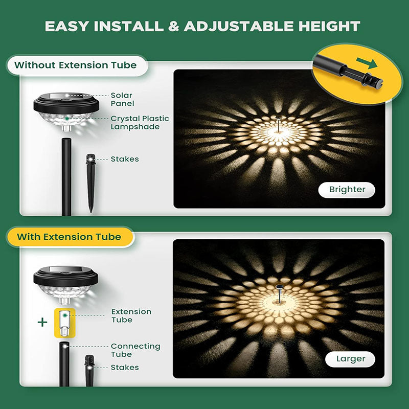 It is very easy to use, just plug it into the lawn. And comes with a 1.57inch（4cm） extension tube, which can be extended to install, so that the illuminated flower patterns on the ground area will be larger area, creating a stronger atmosphere.