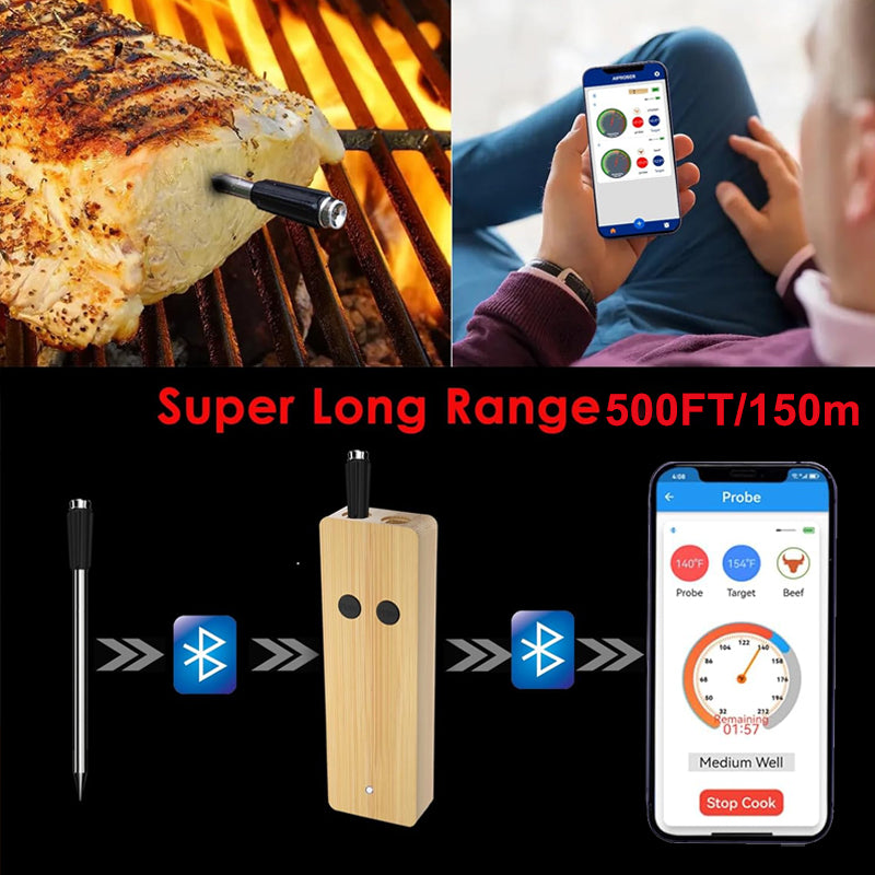 Boasts an impressive 500ft/152.4m signal range, allowing you to monitor your cooking from anywhere in your home or yard. Whether you're entertaining guests or relaxing indoors, you can keep track of your meal's progress without staying tethered to the grill or oven. Enjoy the freedom to cook with confidence and precision!