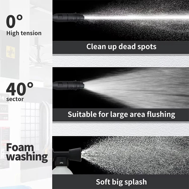 The nozzle can be adjusted to directed spraying with high pressure, to clean some stubborn stains in dead corner, and also can adjust fan jet, suitable for bigger area cleaning surface. And foam spraying can be added cleaner or water in the foam pot, suitable for car washing, crop or plant irrigation.