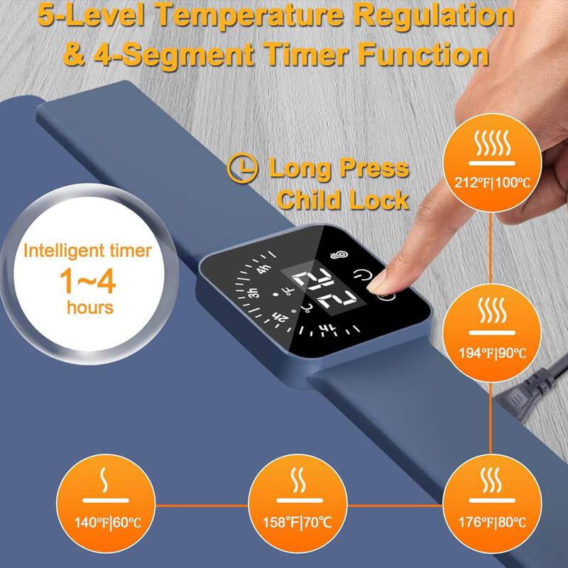 Featuring 5 temperature modes 140℉-212℉(60-100℃) and 4 timer settings(1-4h). You can also turn on the child lock by long pressing the timer button to prevent your child from accidental scalding. Whether you're hosting a dinner party or enjoying a cozy meal at home, enjoy hot, mouthwatering meals every time!