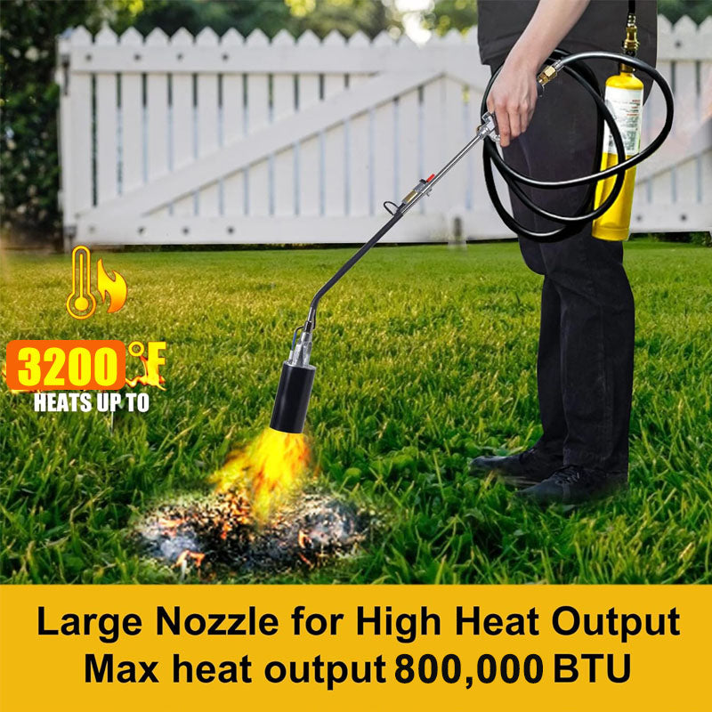 iToolMax propane torch weed burner heats up to an impressive 800,000 BTU, the temperature up to 3200℉/1800℃, offering more powerful and efficient weed-killing capabilities. With this high heat output, it can swiftly and effectively eliminate weeds, allows you to quickly burn all the weeds in your desired area.