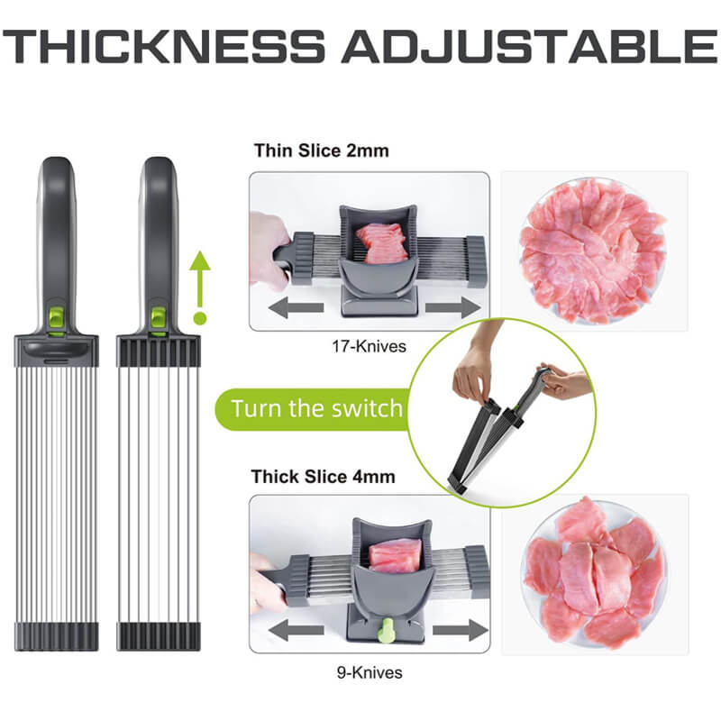 Equipped with 2 blade sets, you can choose 0.07(2mm) or 0.16in(4mm) to cut according to the desired thickness. You can also adjust the direction of the meat to cut it into different shapes such as shredded meat, diced meat, minced meat, etc.